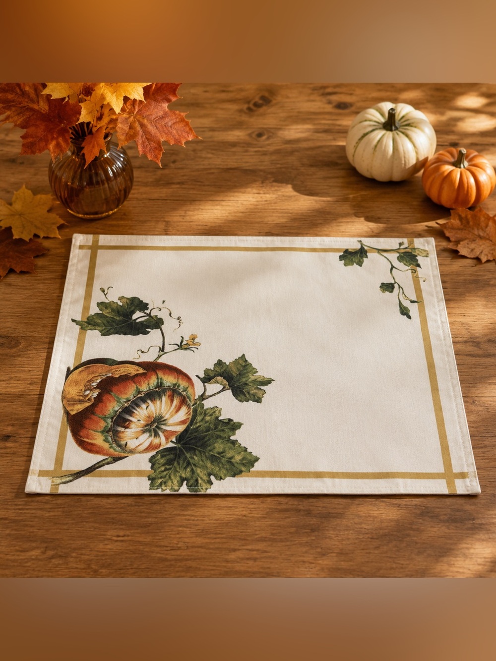 Fall Harvest Pumpkin Placemats Set of 5 Cream Green Thanksgiving 14x20